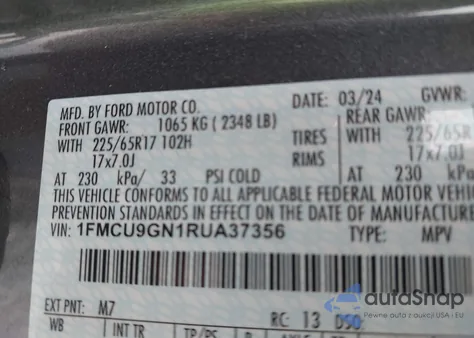 2024 Ford Escape Active from USA, damaged, VIN 1FMCU9GN1RUA37356